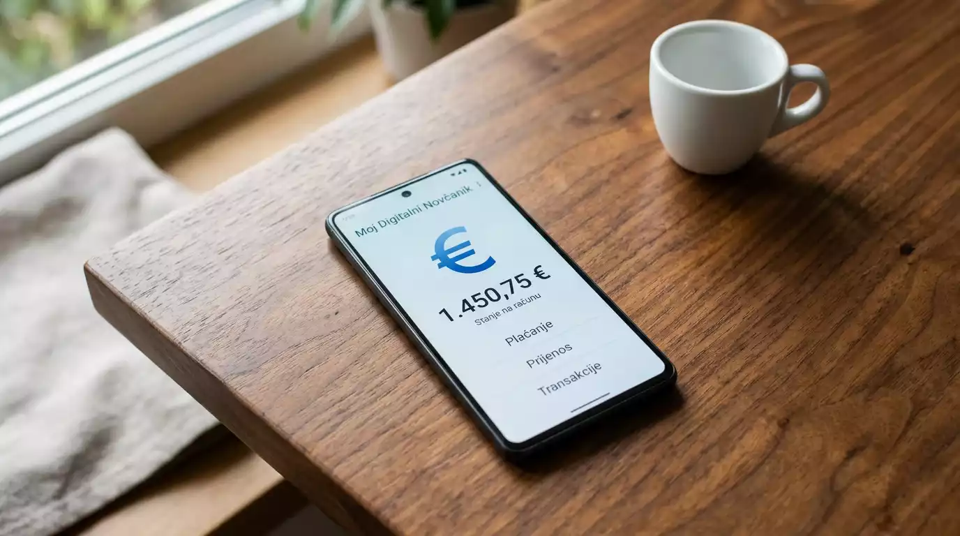 Pametni telefon na drvenom stolu s prikazom EUR balansa u digitalnom novčaniku